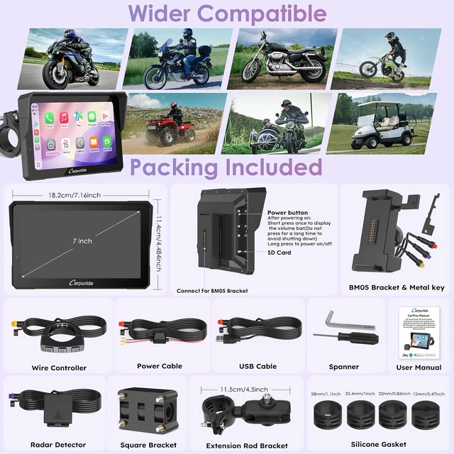Alt view image 7 of 7 - W702RS PRO 7" Motorcycle Wireless CarPlay & Android Auto with BSD Radar