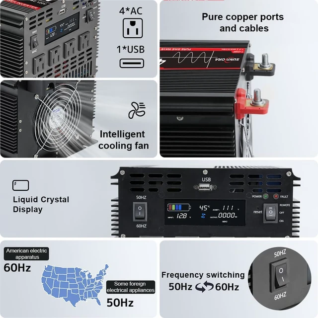 Alt view image 2 of 7 - 4000W Pure Sine Wave Power Inverter 12V DC to 110V/120V AC