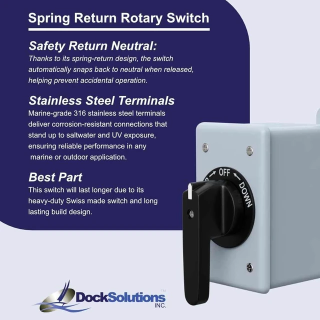 Alt view image 2 of 7 - 3-Position Boat Lift Switch, Spring Return for up to 2-HP Motors, Stainless Steel Terminals