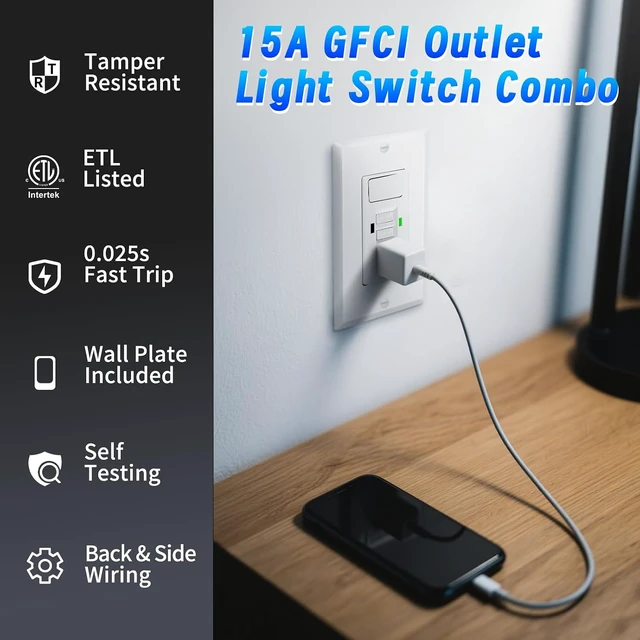 Alt view image 7 of 7 - 4-Pack 15A GFCI Outlet Light Switch Combo, Self-Test, ETL Listed