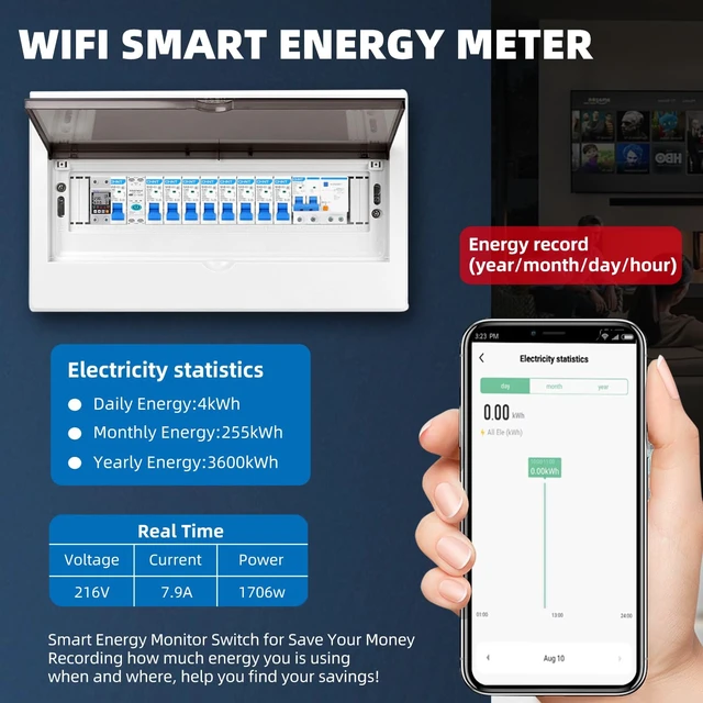 Alt view image 7 of 7 - Tuya WiFi Smart Circuit Breaker Energy Meter, 1P 230V 63A, DIN Rail with APP Remote Control