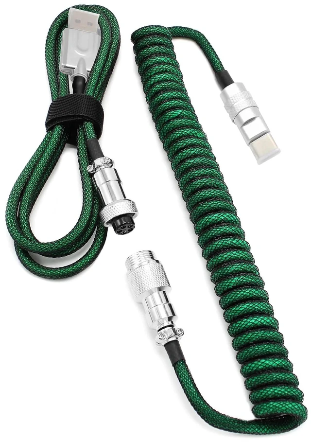 Main image of 5ft Custom Coiled Keyboard Cable, USB-C GX-16 Aviator, Detachable Connector, USB-A to USB-C, Dark Green