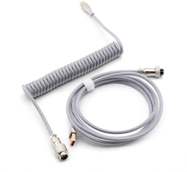 Main image of Braided USB-C to USB-A Coiled Cable with Detachable Metal Aviator for Mechanical Keyboard, Silver