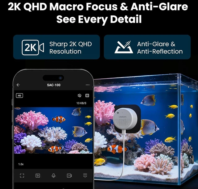 Alt view image 2 of 7 - F1.0 2K 3MP Fish Tank & Reptile Camera with Close-Focus Lens, 147° Wide Angle, 2.4G/5G WiFi