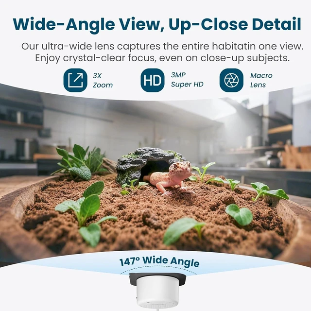 Alt view image 4 of 7 - F1.0 2K 3MP Fish Tank & Reptile Camera with Close-Focus Lens, 147° Wide Angle, 2.4G/5G WiFi