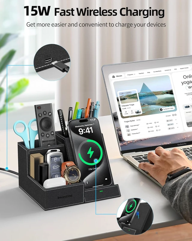 Alt view image 2 of 7 - Wireless Charger with Desk Organizer, 3 Compartments & Phone Stand