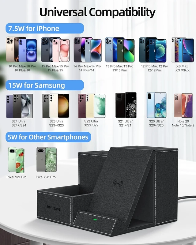 Alt view image 3 of 7 - Wireless Charger with Desk Organizer, 3 Compartments & Phone Stand