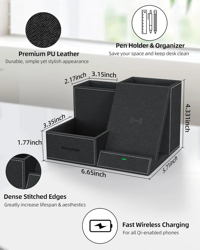 Alt view image 4 of 7 - Wireless Charger with Desk Organizer, 3 Compartments & Phone Stand