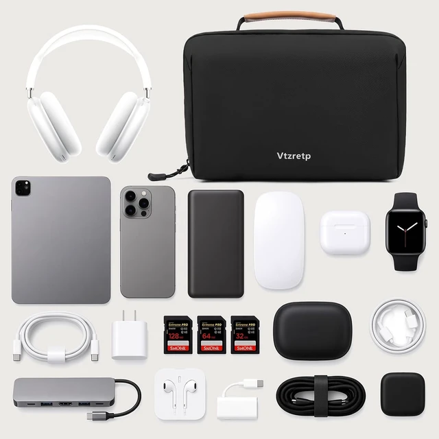 Alt view image 6 of 7 - Water-Resistant Electronics Travel Organizer Case with Elastic Bands for Cables, SD Cards & Accessories, Black