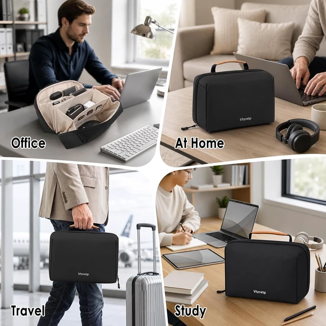 Alt view image 7 of 7 - Water-Resistant Electronics Travel Organizer Case with Elastic Bands for Cables, SD Cards & Accessories, Black