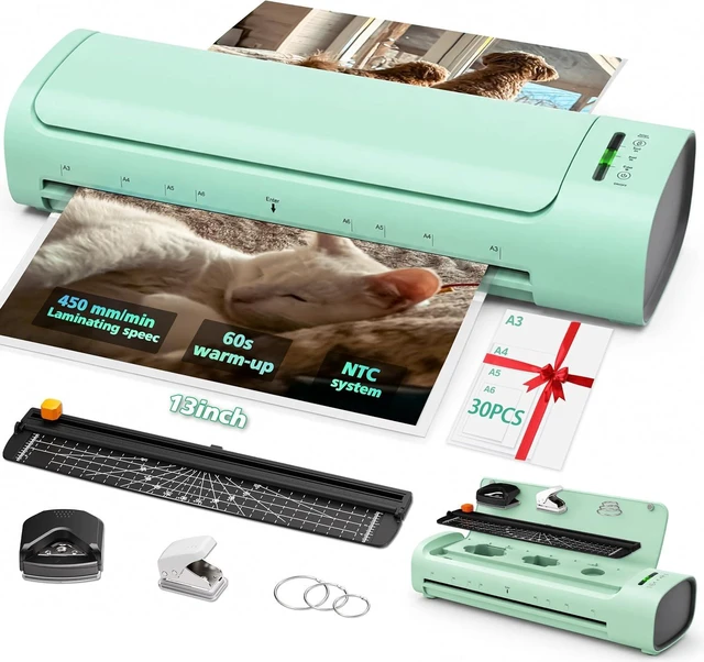 Main image of 13-Inch A3 Hot & Cold Laminator with 30 Sheets, 60s Warm-Up, Never-Jam, Green