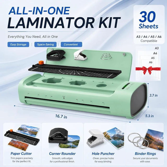 Alt view image 2 of 7 - 13-Inch A3 Hot & Cold Laminator with 30 Sheets, 60s Warm-Up, Never-Jam, Green