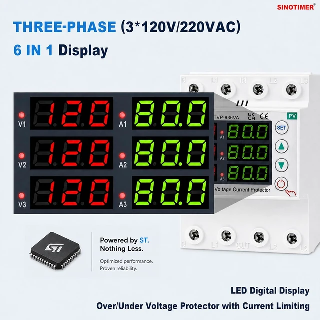 Alt view image 2 of 7 - 3-Phase Voltage & Current Protector, 110/220VAC, 80A, Over/Under Voltage & Overcurrent, DIN Rail