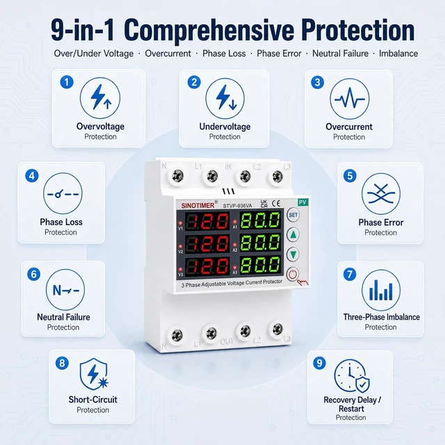 Alt view image 3 of 7 - 3-Phase Voltage & Current Protector, 110/220VAC, 80A, Over/Under Voltage & Overcurrent, DIN Rail