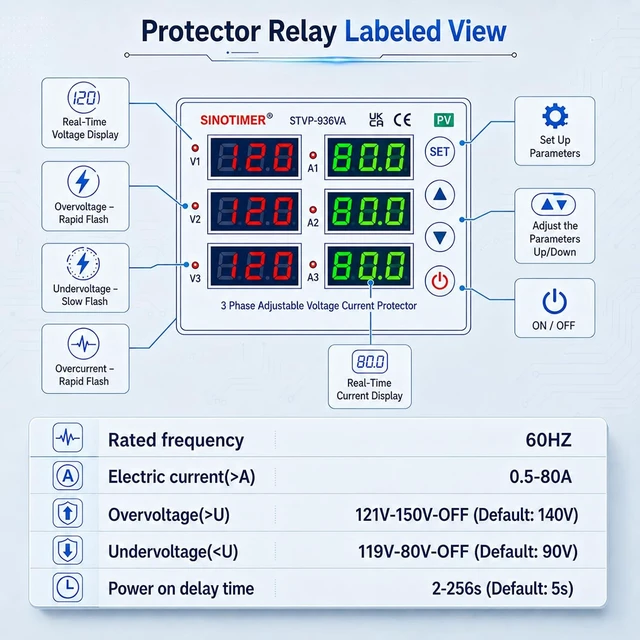 Alt view image 5 of 7 - 3-Phase Voltage & Current Protector, 110/220VAC, 80A, Over/Under Voltage & Overcurrent, DIN Rail