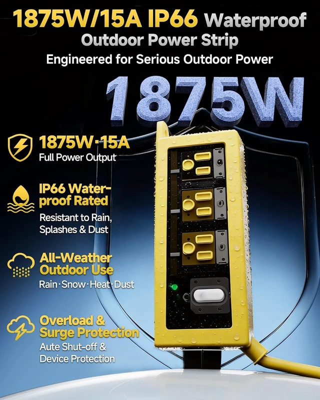 Alt view image 2 of 7 - Weatherproof Outdoor Power Strip, 3 AC Outlets, 10FT Cord