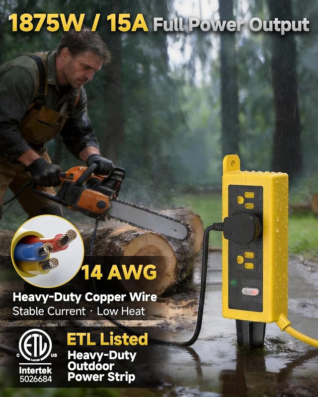 Alt view image 3 of 7 - Weatherproof Outdoor Power Strip, 3 AC Outlets, 10FT Cord