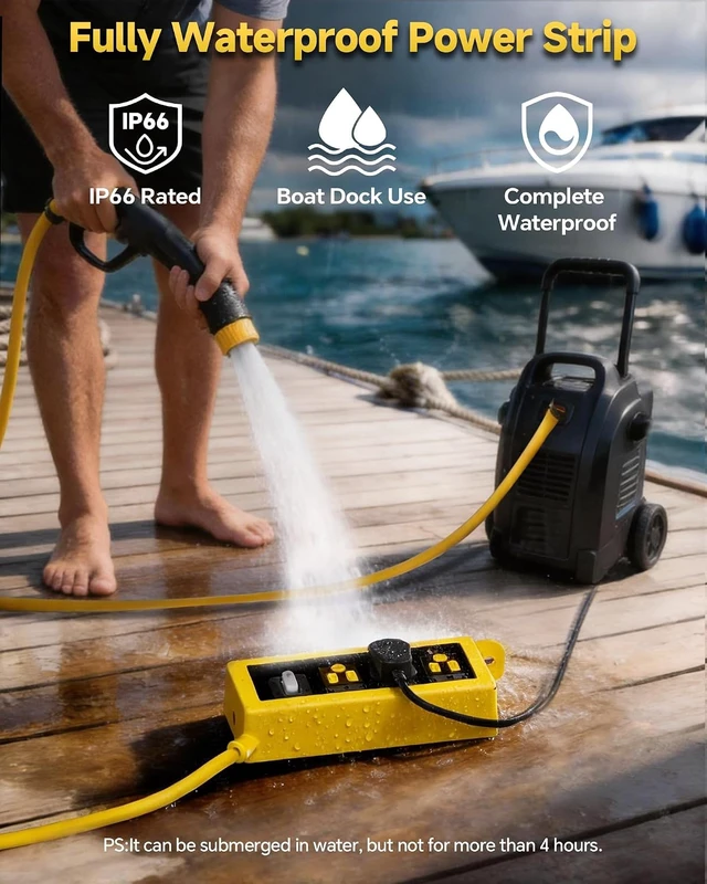Alt view image 4 of 7 - Weatherproof Outdoor Power Strip, 3 AC Outlets, 10FT Cord
