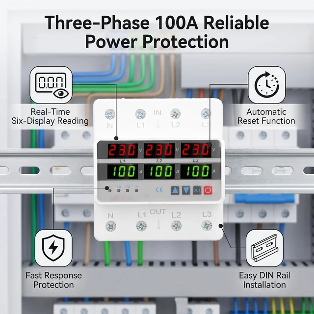 Alt view image 6 of 7 - 3-Phase Voltage Protector, 100A Self-Resetting, Quick Response, DIN Rail Mount
