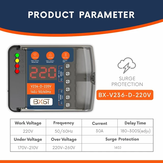Alt view image 2 of 7 - Heavy Duty Surge Protector with LED Display, 220V 30A 6600W, Adjustable Voltage & Delay for Refrigerators, AC, Motors & Pumps