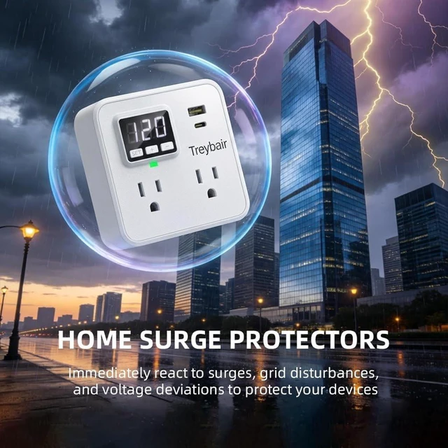 Alt view image 3 of 7 - Surge Protector Power Strip with USB Type-C, 80V-140V Voltage Protection for Refrigerator, TV & Computer