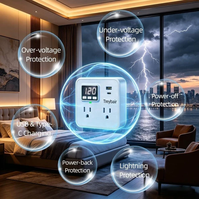Alt view image 4 of 7 - Surge Protector Power Strip with USB Type-C, 80V-140V Voltage Protection for Refrigerator, TV & Computer