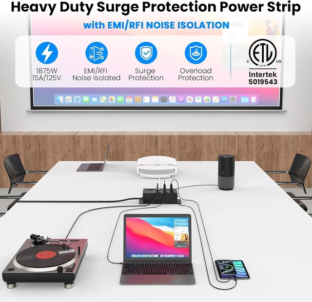 Alt view image 2 of 7 - EMI/RFI Filtering Surge Protector with 6FT Flat Plug Cord, Black