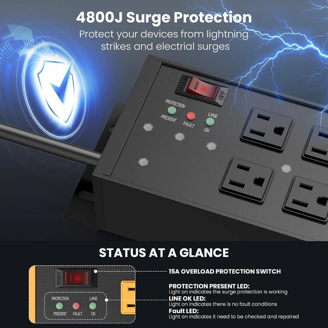 Alt view image 4 of 7 - EMI/RFI Filtering Surge Protector with 6FT Flat Plug Cord, Black