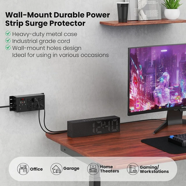 Alt view image 6 of 7 - EMI/RFI Filtering Surge Protector with 6FT Flat Plug Cord, Black