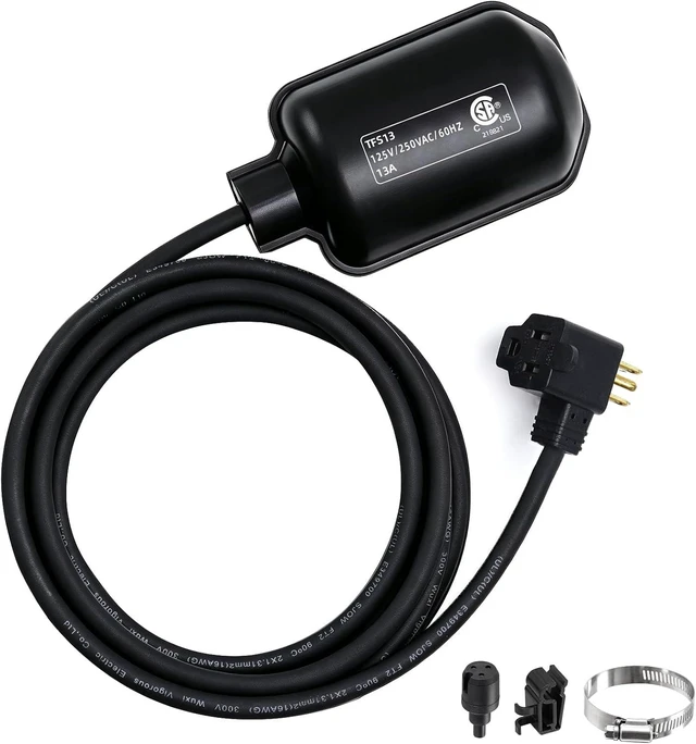 Main image of Universal Sump Pump Float Switch with Piggyback Plug & 10FT Cord, 13A/125V
