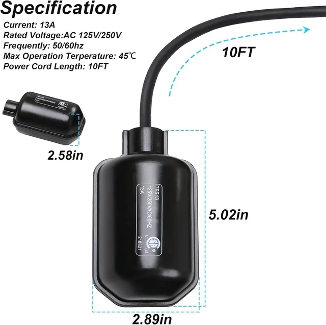 Alt view image 2 of 7 - Universal Sump Pump Float Switch with Piggyback Plug & 10FT Cord, 13A/125V
