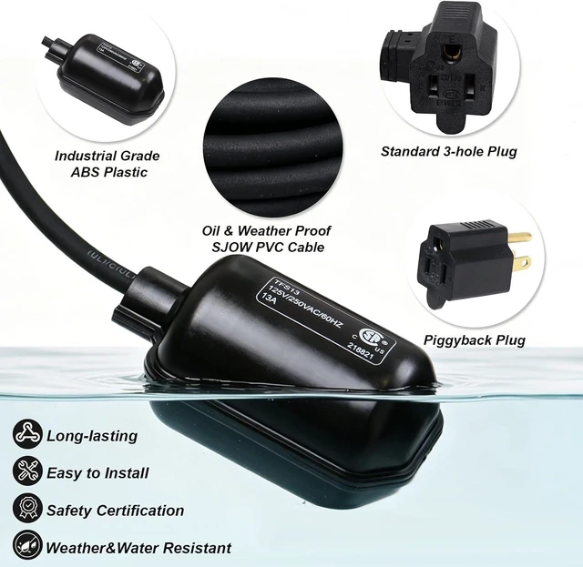 Alt view image 3 of 7 - Universal Sump Pump Float Switch with Piggyback Plug & 10FT Cord, 13A/125V