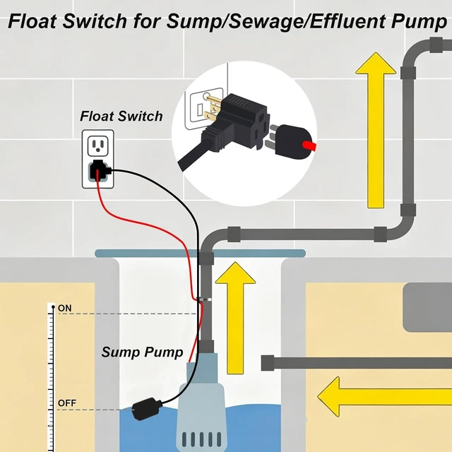 Alt view image 4 of 7 - Universal Sump Pump Float Switch with Piggyback Plug & 10FT Cord, 13A/125V
