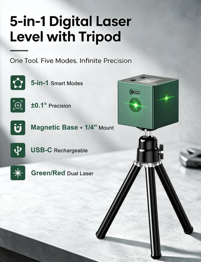 Alt view image 2 of 7 - 5-in-1 Digital Laser Level with Angle Finder, Green/Red Laser, Tripod & Magnetic Base, USB-C