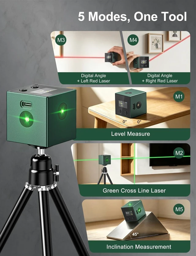 Alt view image 3 of 7 - 5-in-1 Digital Laser Level with Angle Finder, Green/Red Laser, Tripod & Magnetic Base, USB-C