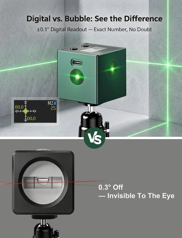 Alt view image 7 of 7 - 5-in-1 Digital Laser Level with Angle Finder, Green/Red Laser, Tripod & Magnetic Base, USB-C
