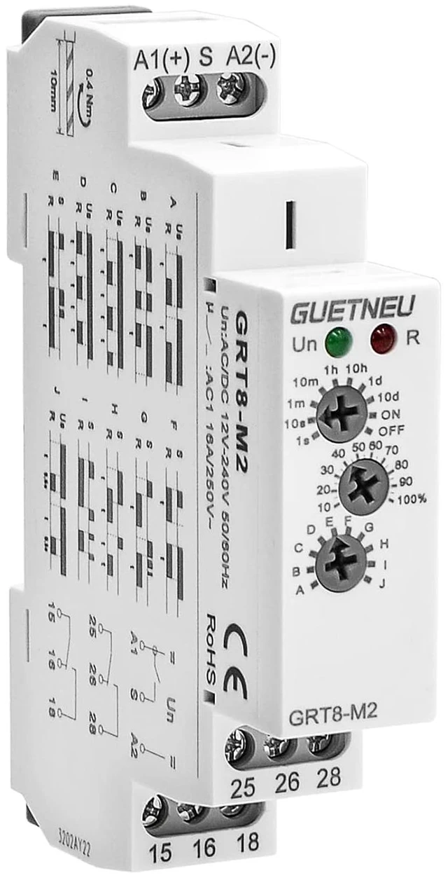 Main image of 12V-240V Timer Relay, Off Delay Trigger with 10 Functions, DIN Rail Mount