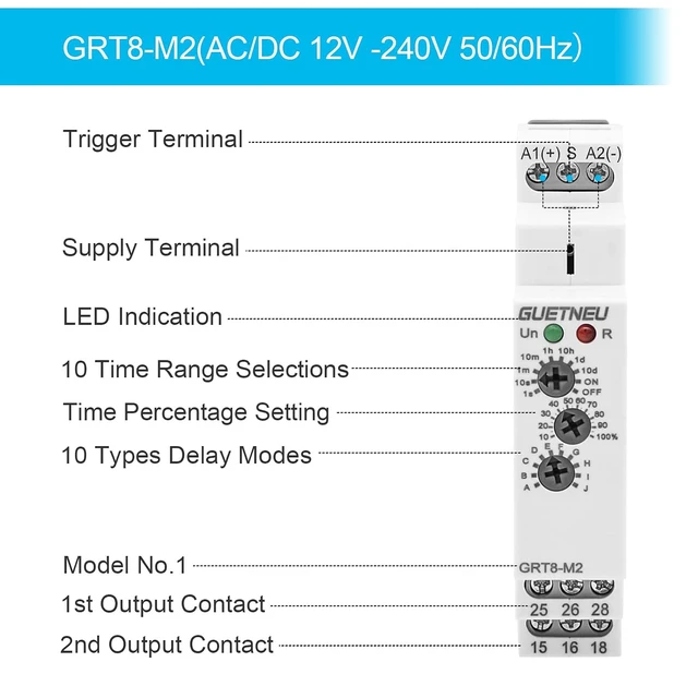 Alt view image 2 of 6 - 12V-240V Timer Relay, Off Delay Trigger with 10 Functions, DIN Rail Mount
