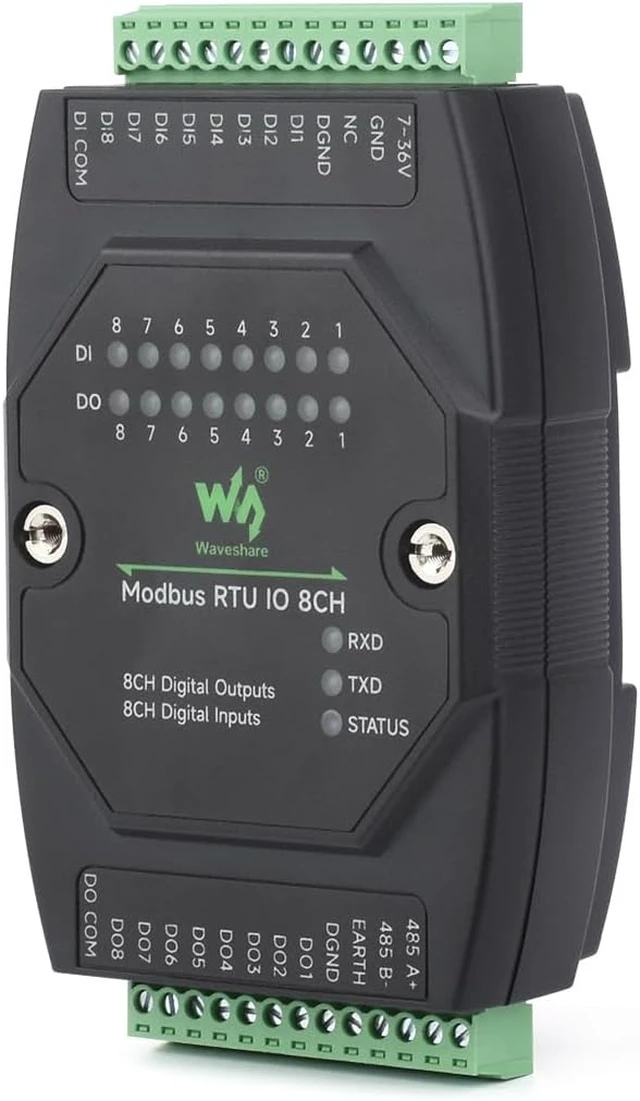 Main image of Waveshare Industrial 8-Ch Digital Input & Output Module, DC 7~36V Wide Voltage Power Supply, Modbus RTU Protocol, Multiple Isolation Protection Circuits, Rail-Mount Support