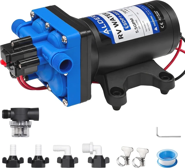 Main image of 12V RV Water Pump, 5.5 GPM 70 PSI 4-Chamber Diaphragm, Self-Priming On-Demand with Strainer