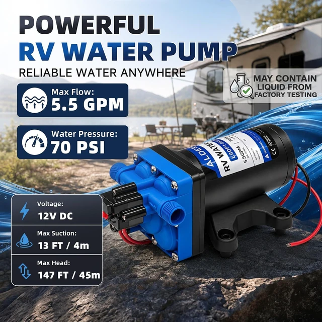 Alt view image 2 of 7 - 12V RV Water Pump, 5.5 GPM 70 PSI 4-Chamber Diaphragm, Self-Priming On-Demand with Strainer