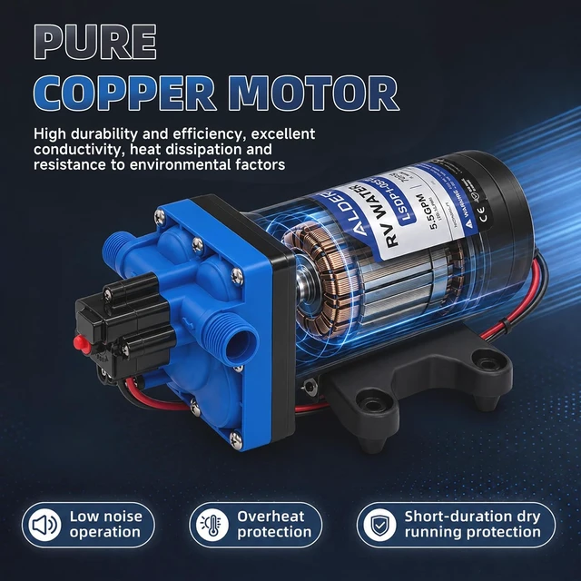 Alt view image 4 of 7 - 12V RV Water Pump, 5.5 GPM 70 PSI 4-Chamber Diaphragm, Self-Priming On-Demand with Strainer
