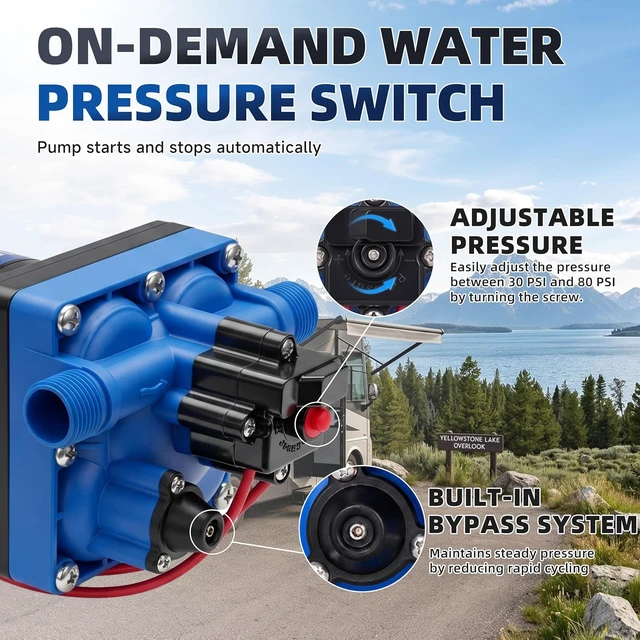 Alt view image 5 of 7 - 12V RV Water Pump, 5.5 GPM 70 PSI 4-Chamber Diaphragm, Self-Priming On-Demand with Strainer