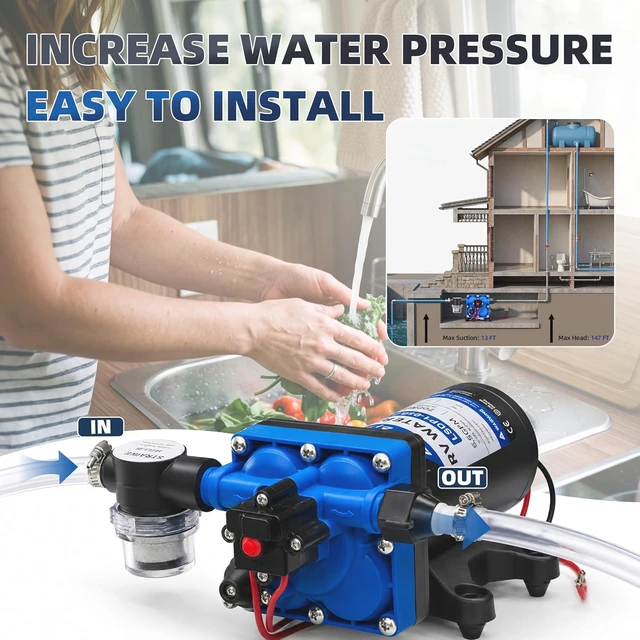 Alt view image 6 of 7 - 12V RV Water Pump, 5.5 GPM 70 PSI 4-Chamber Diaphragm, Self-Priming On-Demand with Strainer