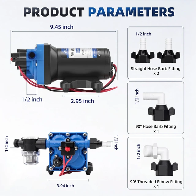 Alt view image 7 of 7 - 12V RV Water Pump, 5.5 GPM 70 PSI 4-Chamber Diaphragm, Self-Priming On-Demand with Strainer
