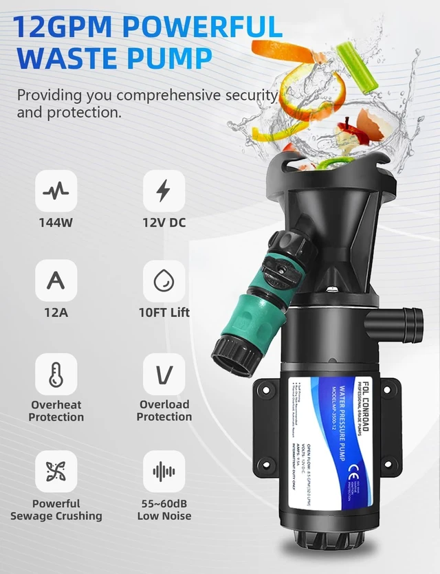 Alt view image 2 of 7 - 12V RV Macerator Pump, 12GPM Self-Priming Waste Water Pump with 3" Port for RV, Marine & Home Drainage