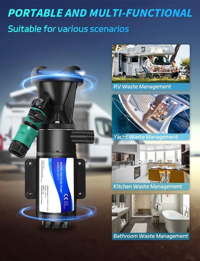 Alt view image 4 of 7 - 12V RV Macerator Pump, 12GPM Self-Priming Waste Water Pump with 3" Port for RV, Marine & Home Drainage