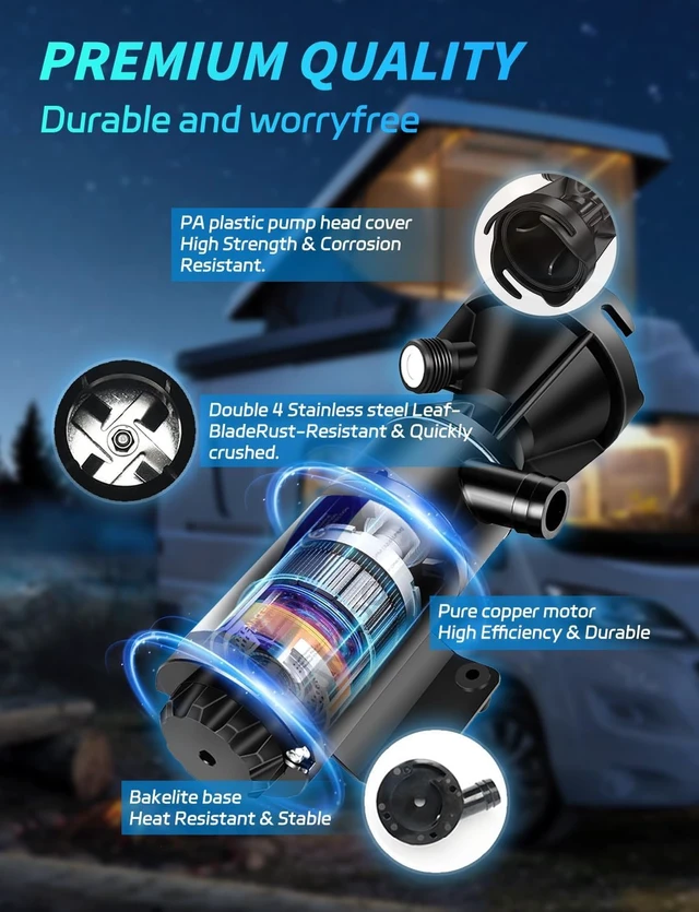 Alt view image 6 of 7 - 12V RV Macerator Pump, 12GPM Self-Priming Waste Water Pump with 3" Port for RV, Marine & Home Drainage