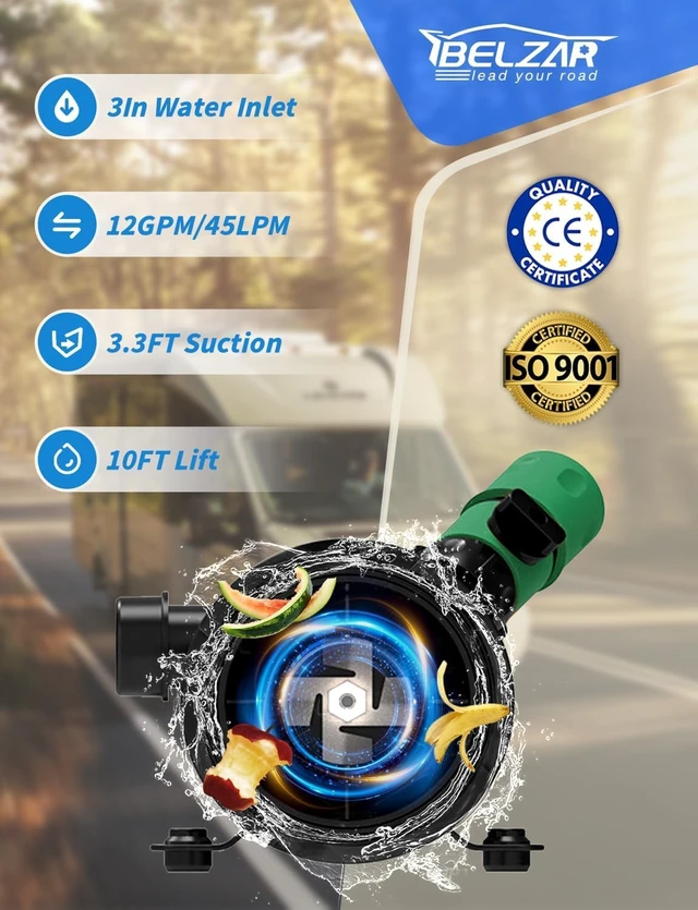 Alt view image 7 of 7 - 12V RV Macerator Pump, 12GPM Self-Priming Waste Water Pump with 3" Port for RV, Marine & Home Drainage