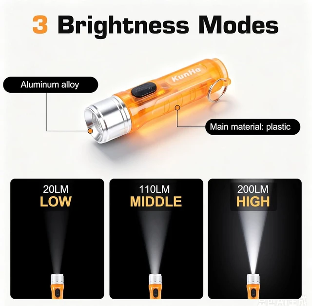 Alt view image 2 of 7 - 24-Pack 200LM USB-C Rechargeable Mini Keychain Flashlights, 3 Modes, Assorted Colors